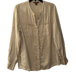 Tommy Bahama 100 % Linen Lagenlook Roll Sleeve Band Collar Beachy Women's M